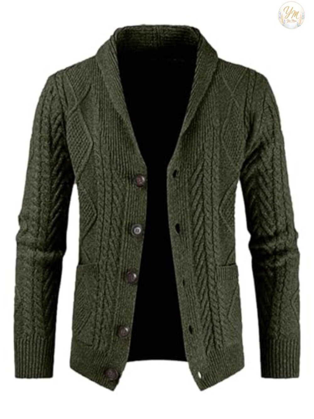 Men's Cable Knit Shawl Collar Button Cardigan Sweater with Pockets